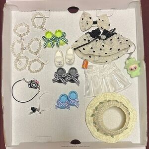 Doll Outfit Set with Polka Dot Dress & Straw Hat! Labubu all fit!